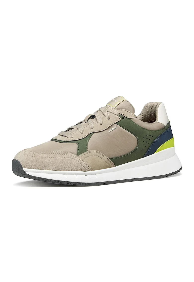 Pantofi sport Branthon low-cut cu insertii din piele ecologica, Maro taupe deschis/Verde lime/Bleumarin
