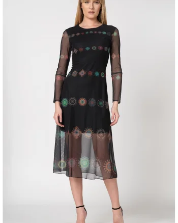 Rochie din tul cu model cu mandale Kingstone, Verde/Negru/Coral