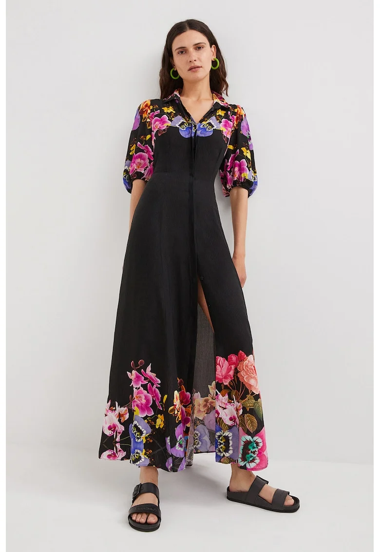 Rochie lunga cu imprimeu floral, Verde/Negru/Roz