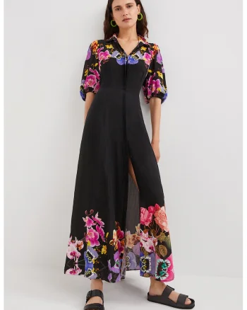 Rochie lunga cu imprimeu floral, Verde/Negru/Roz