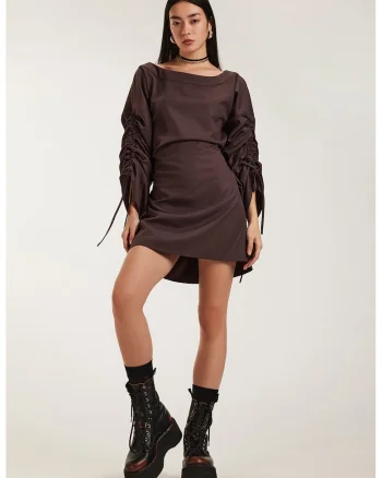 Rochie mini cu maneci cu volane Mocha, Maro inchis