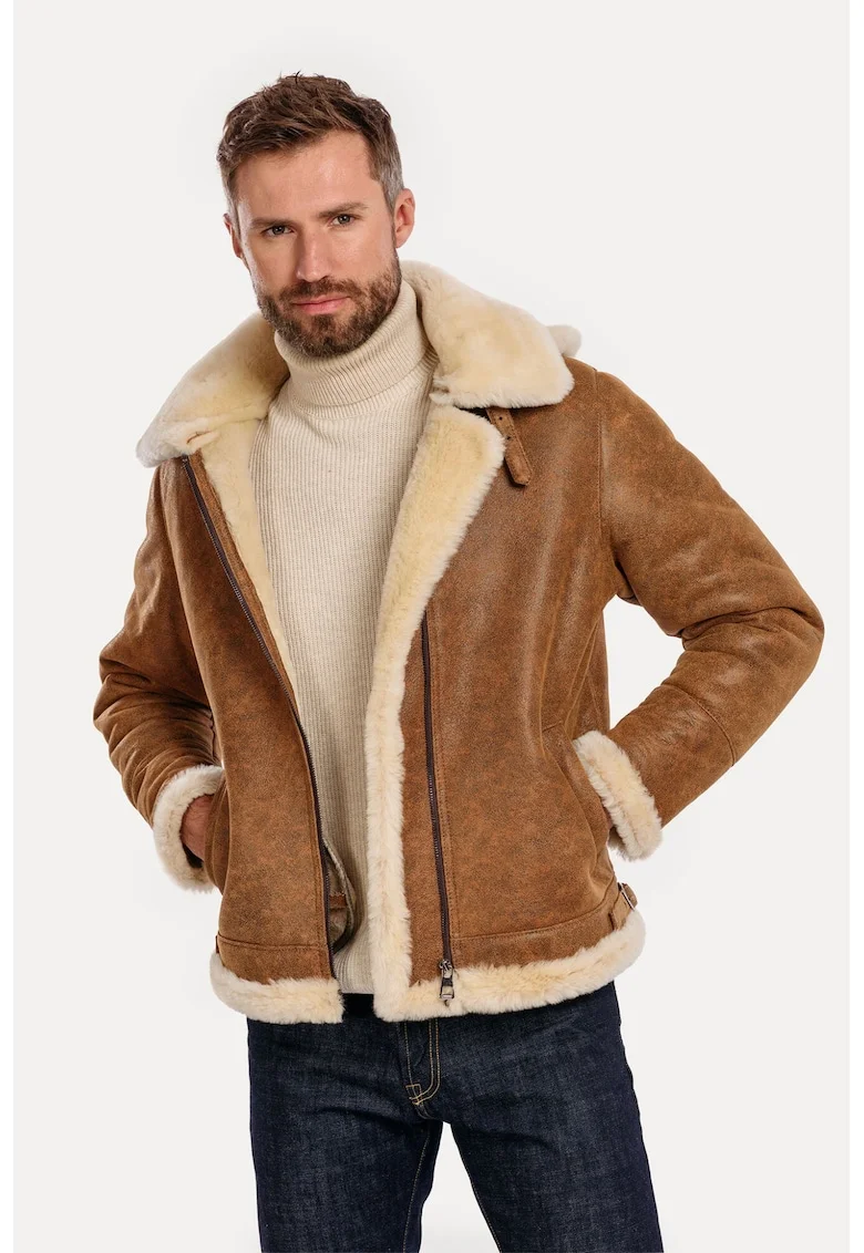 Jacheta din piele naturala, model Men's Vintage Aviator, Maro camel