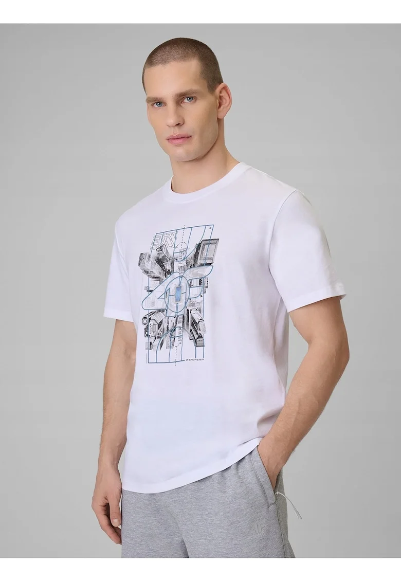 Tricou barbat  alb din bumbac, imprimeu distinctiv, croiala regulara, sezon primavara-vara