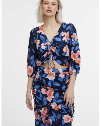 Bluza crop cu imprimeu floral, Piersica/Bleumarin