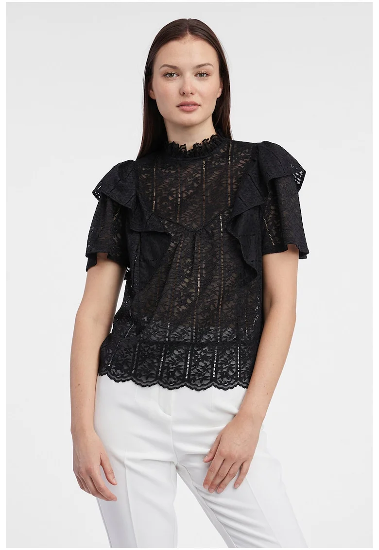Bluza cu broderie florala, Negru