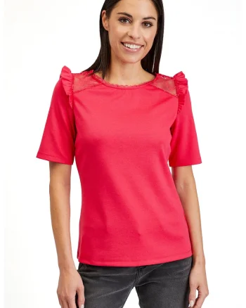 Tricou cu garnituri de dantela, Roz aprins
