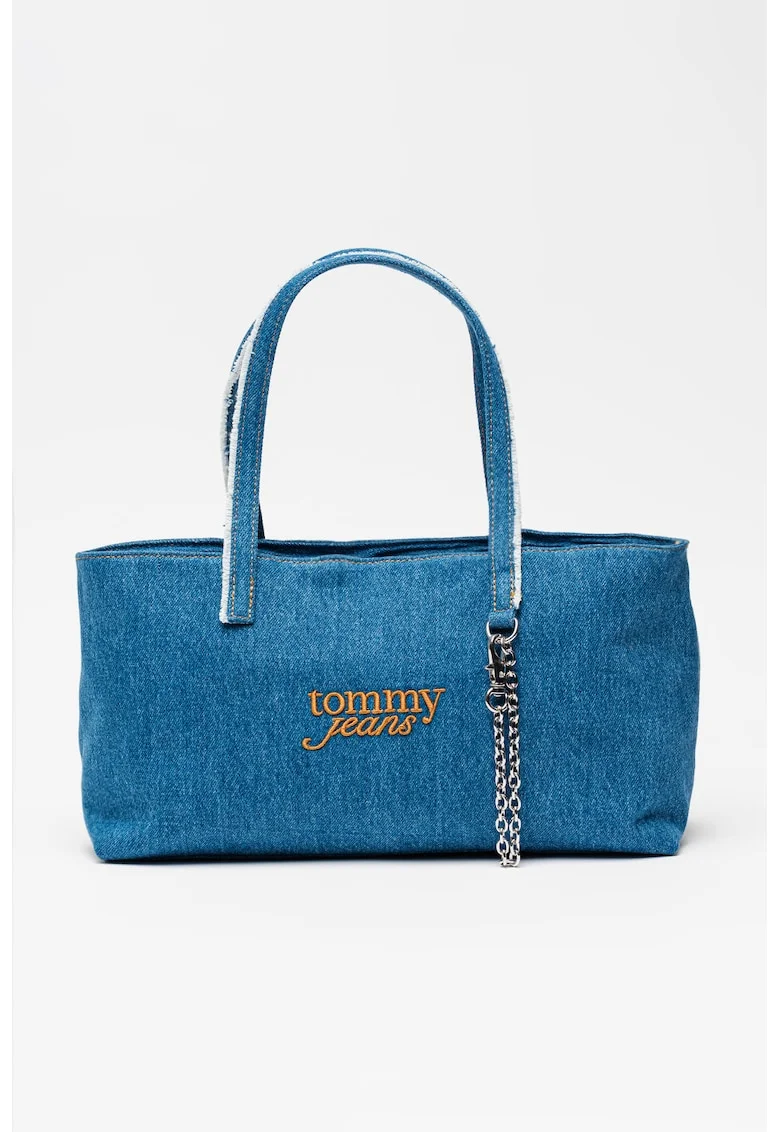 Geanta din denim cu bareta de umar si lant detasabil, Albastru melange