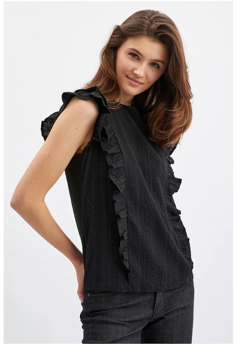 Bluza brodata cu garnituri cu volane, Negru