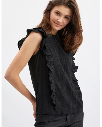 Bluza brodata cu garnituri cu volane, Negru