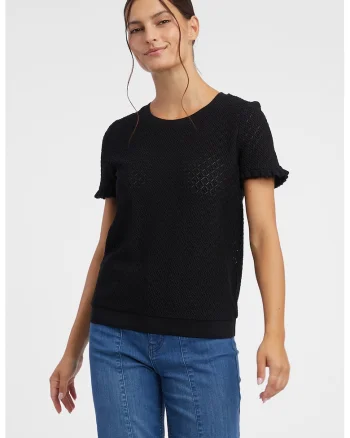 Tricou texturat cu decolteu rotund, Negru