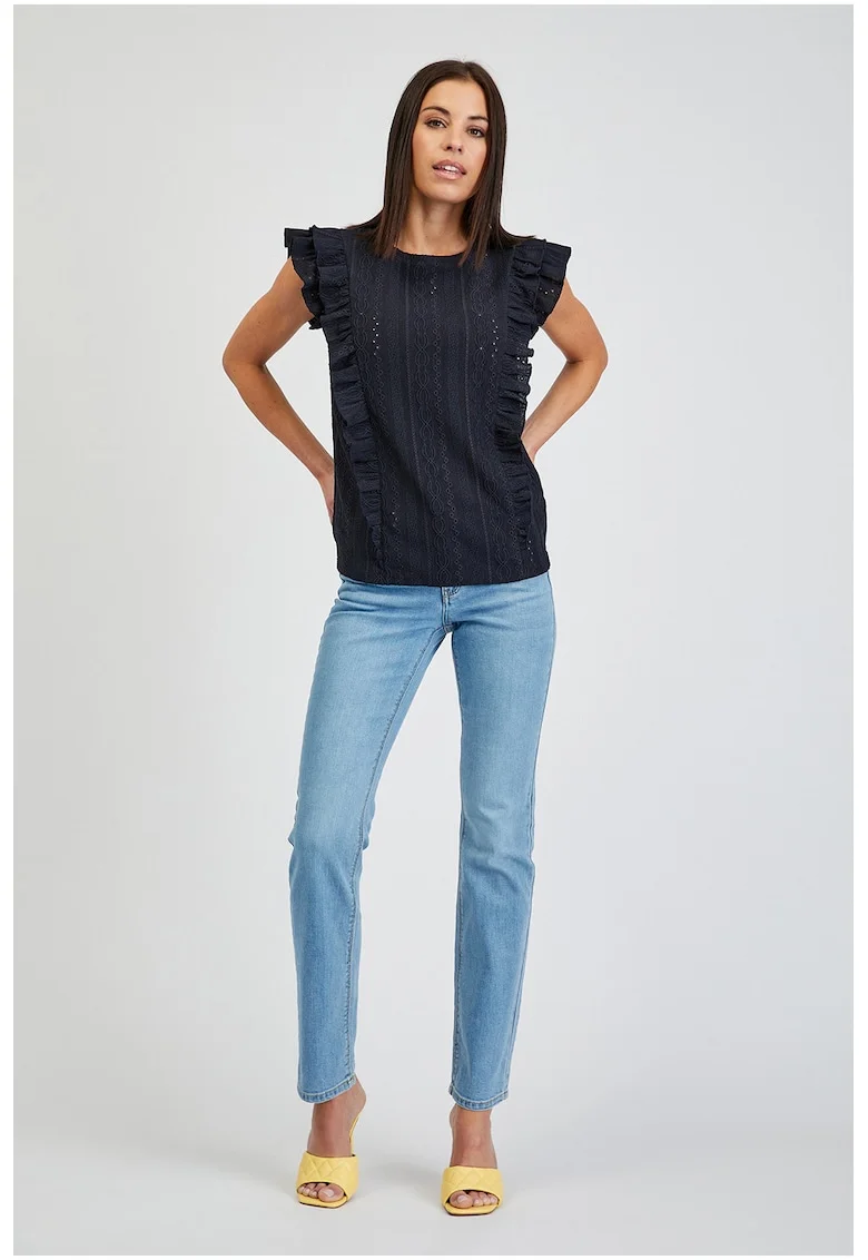 Bluza brodata cu garnituri cu volane, Bleumarin
