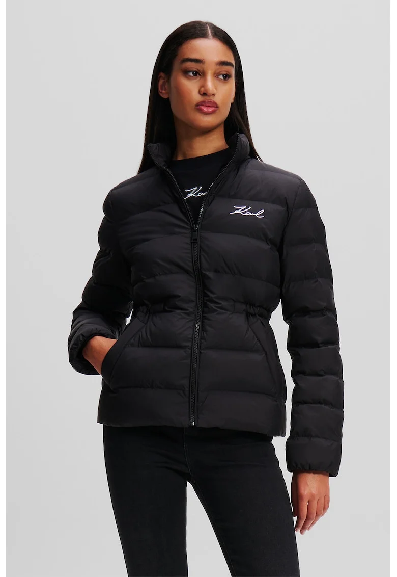 Jacheta scurta cu detalii logo brodate, Negru