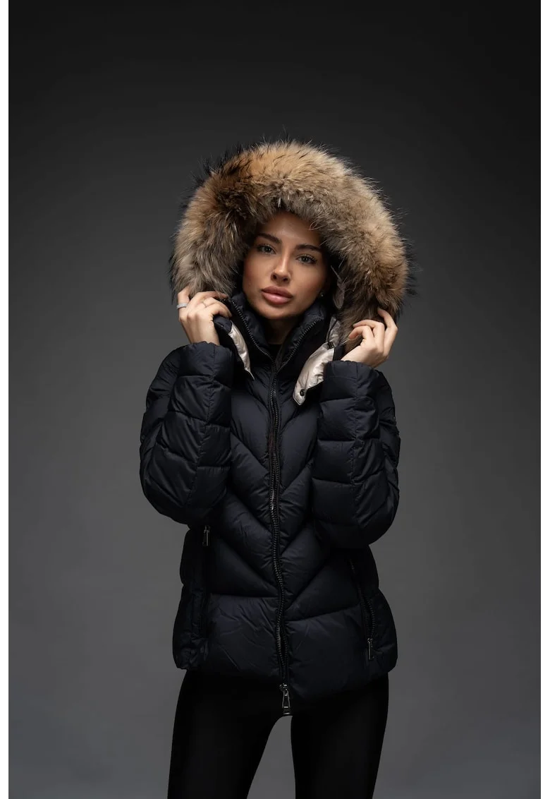 Geaca matlasata cu umplutura de puf gasca eleganta cambrata scurta cu gluga detasabila si blana, ELLERY, culoare Negru, marime XL,