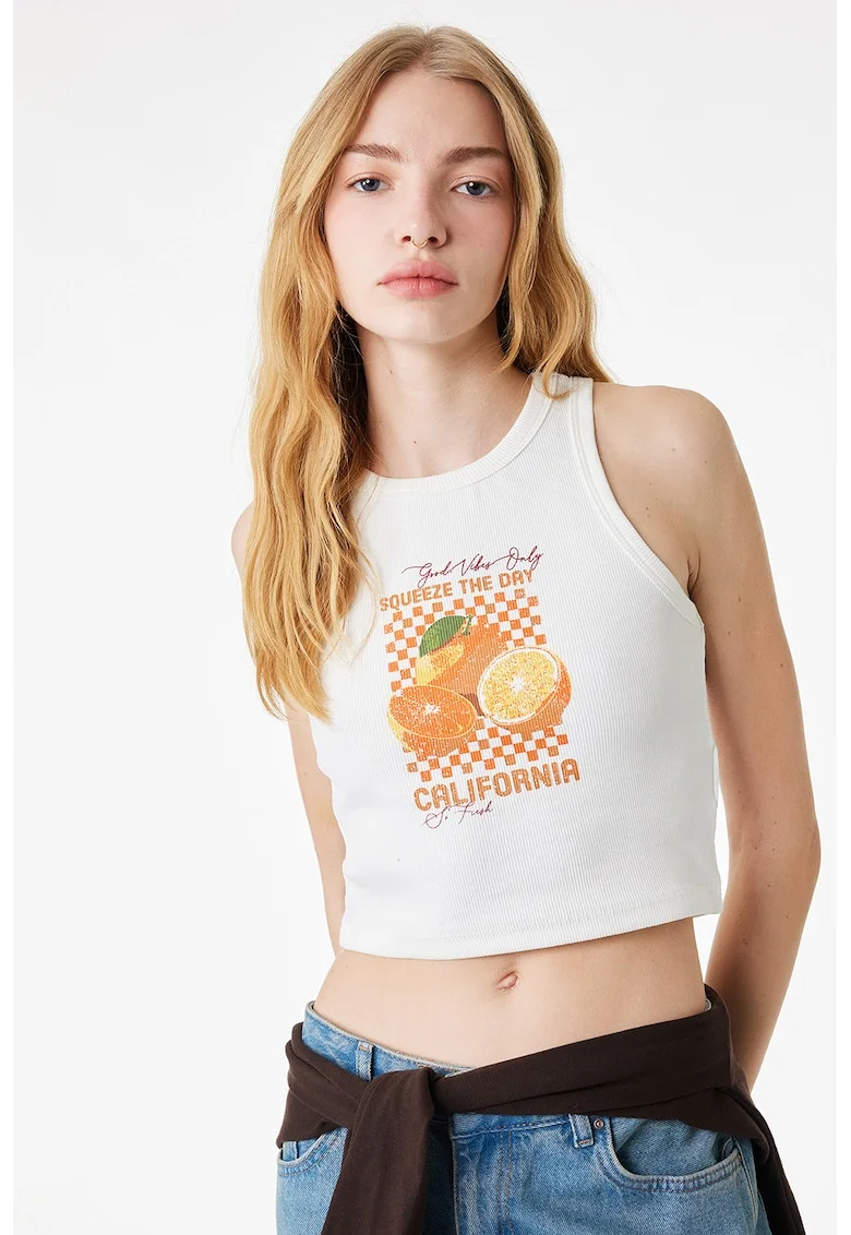 Top crop cu imprimeu, Alb
