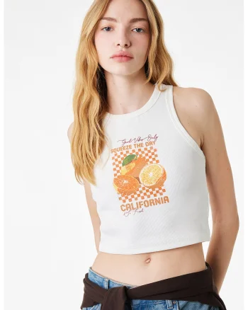 Top crop cu imprimeu, Alb