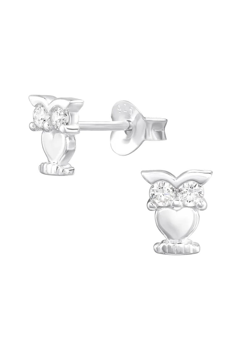 Cercei din Argint 925 cu Bufniță și Cristale Zirconiu, 5.5x6.5mm, tip stud