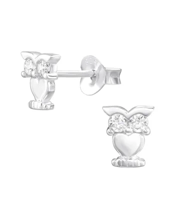 Cercei din Argint 925 cu Bufniță și Cristale Zirconiu, 5.5x6.5mm, tip stud