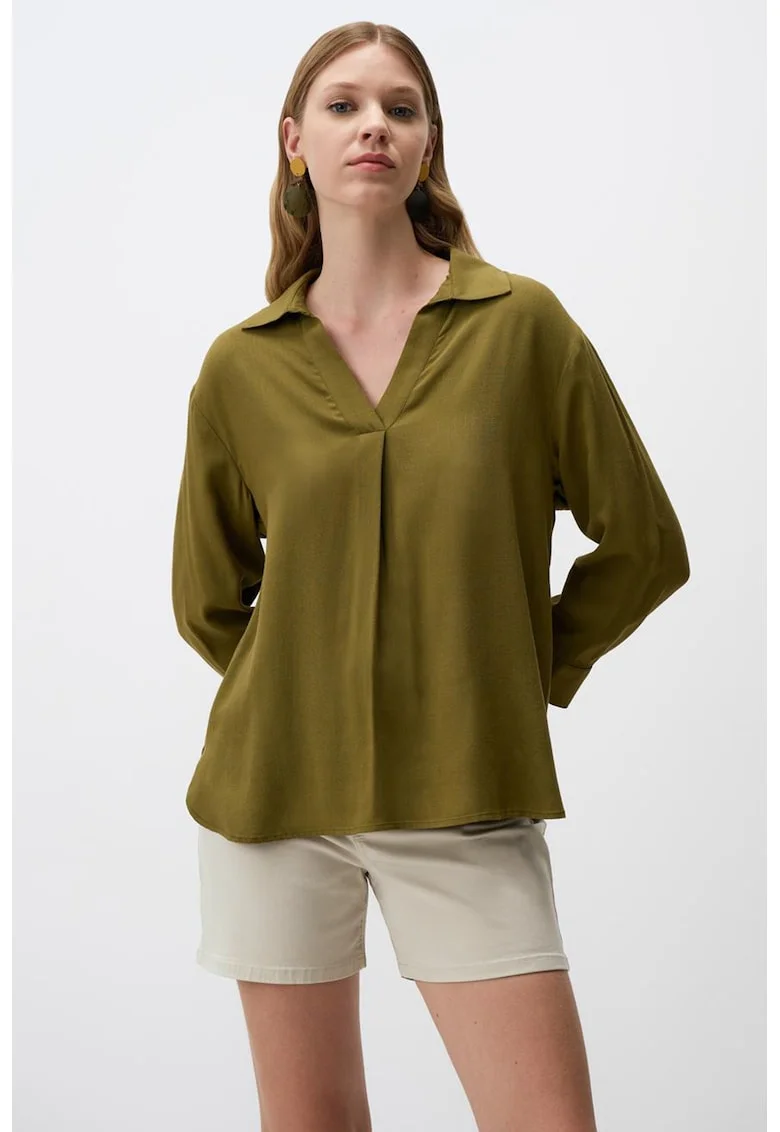 Bluza relaxed fit cu decolteu in V, Verde masliniu