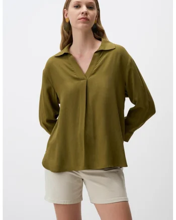 Bluza relaxed fit cu decolteu in V, Verde masliniu