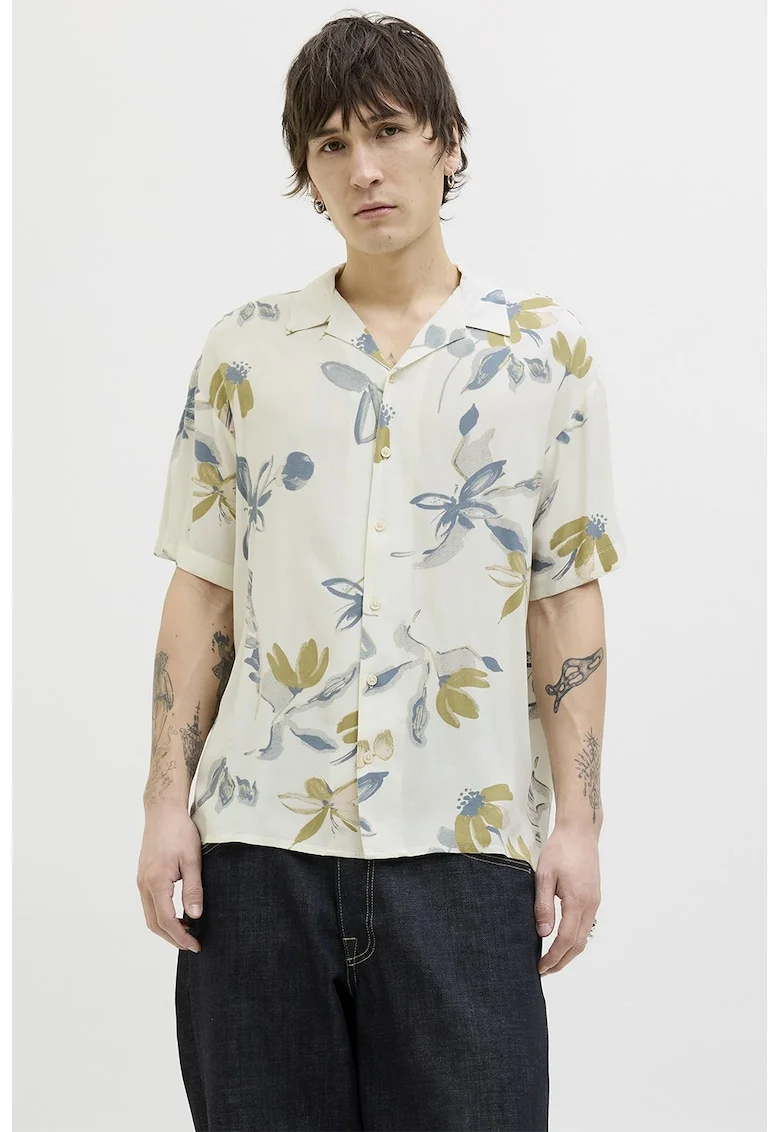 Camasa cu model floral, Alb fildes/Albastru lavanda/Verde masliniu