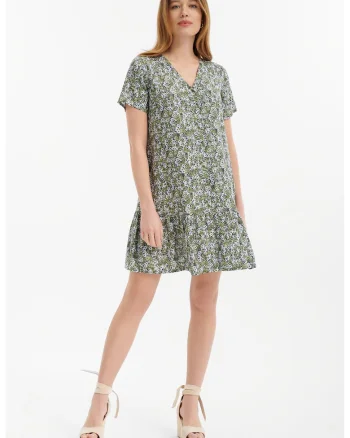 Rochie mini cu decolteu in V si model floral, Verde masliniu/Albastru deschis