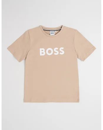 Tricou din bumbac cu imprimeu logo si decolteu la baza gatului, Maro camel