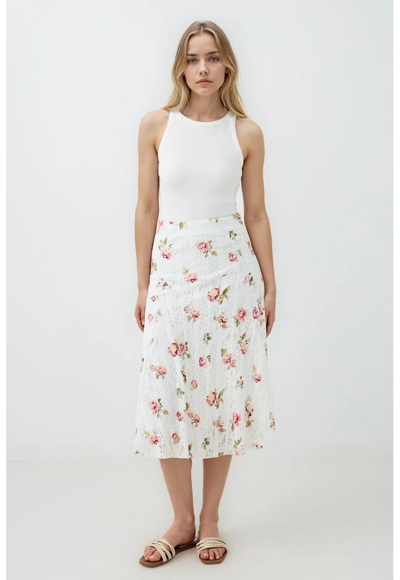 Fusta midi cu model floral, Verde masliniu/Alb murdar/Roz
