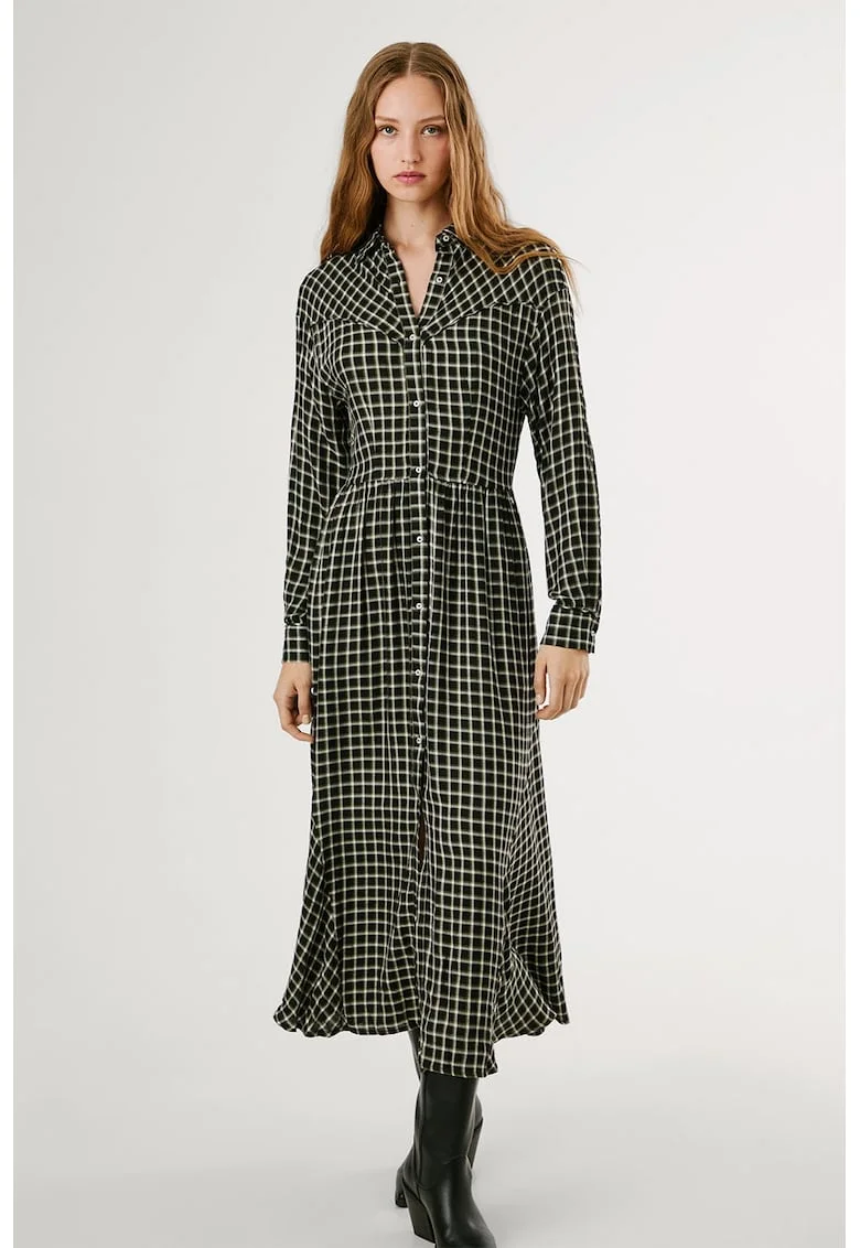 Rochie cu maneci lungi si model in carouri, Alb/Negru/Verde masliniu