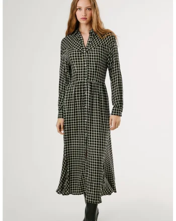Rochie cu maneci lungi si model in carouri, Alb/Negru/Verde masliniu
