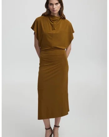 Rochie midi cu slituri laterale si maneci scurte, Verde masliniu