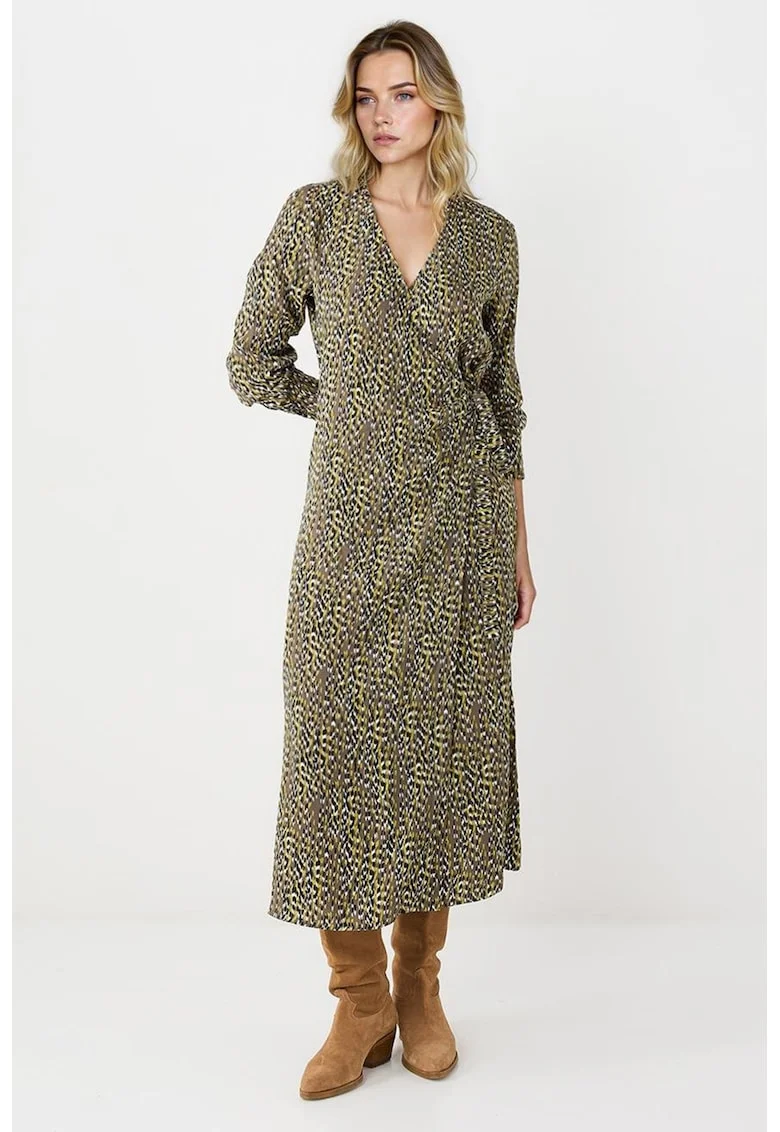 Rochie midi cu croiala petrecuta si decolteu in V, Maro inchis/Negru/Verde masliniu
