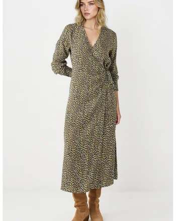 Rochie midi cu croiala petrecuta si decolteu in V, Maro inchis/Negru/Verde masliniu