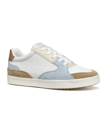 Pantofi sport cu insertii din piele intoarsa, Alb/Maro/Albastru deschis