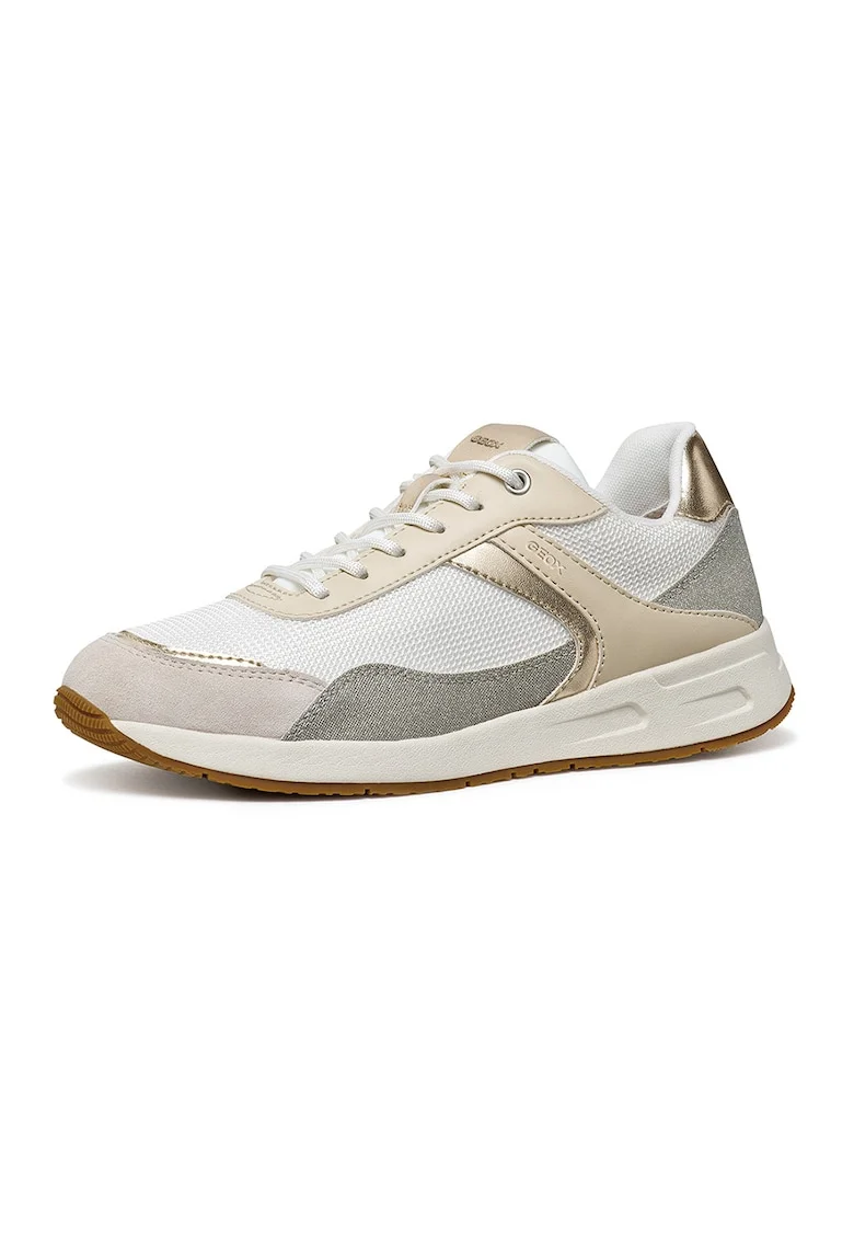 Pantofi sport cu insertii din piele intoarsa, Alb/Gri deschis/Bej inchis