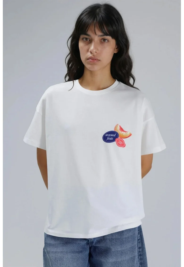 Tricou dama,  supradimensionat, cu imprimeu, alb, bumbac