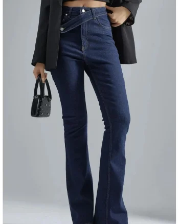 Blugi dama  denim albastru inchis, talie inalta, picior lat