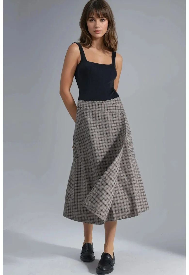 Fusta midi dama,  carouri, talie inalta, textil, multicolor