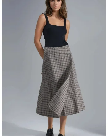 Fusta midi dama,  carouri, talie inalta, textil, multicolor