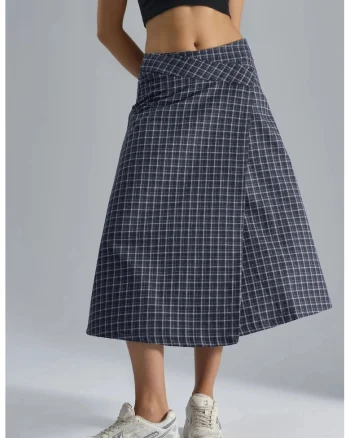 Fusta midi dama,  carouri, textil, bleumarin