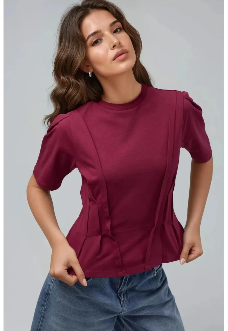 Tricou dama  mulat, rosu cires, jerseu, maneca scurta
