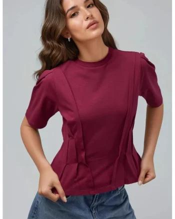 Tricou dama  mulat, rosu cires, jerseu, maneca scurta