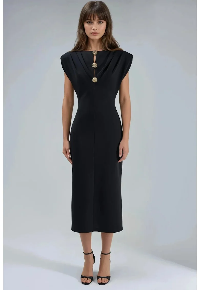 Rochie Midi  Slim Fit, Detaliu Accesoriu, Negru, Jerseu, Negru