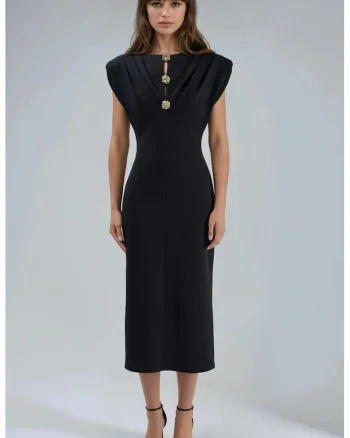 Rochie Midi  Slim Fit, Detaliu Accesoriu, Negru, Jerseu, Negru