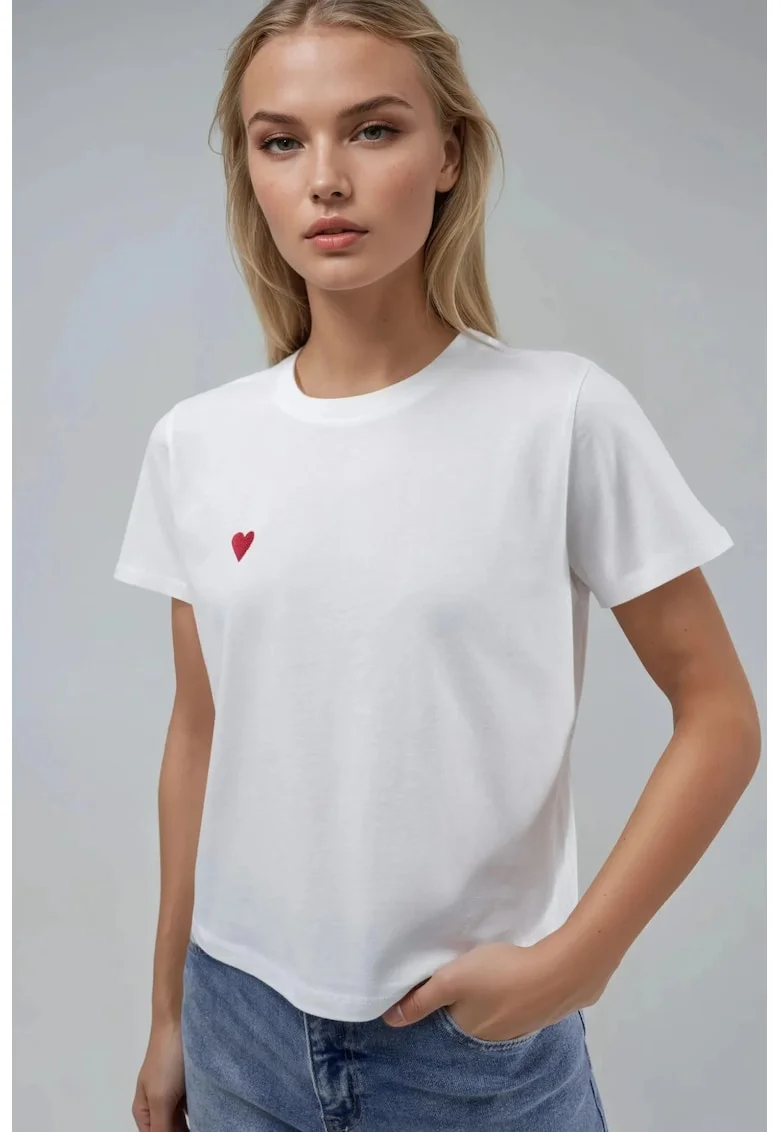 Tricou dama,  brodat, maneca scurta, alb, jerseu