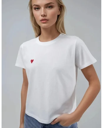 Tricou dama,  brodat, maneca scurta, alb, jerseu