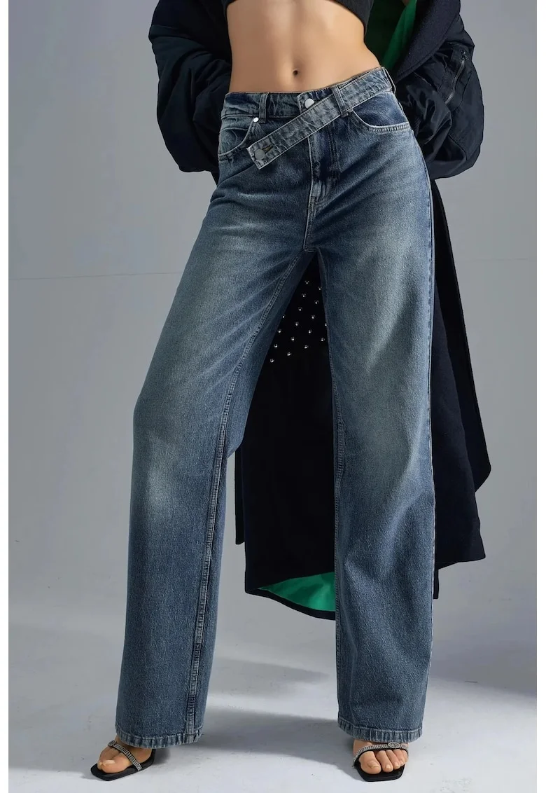 Blugi dama,  talie inalta, picior larg, albastru, denim