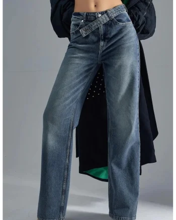 Blugi dama,  talie inalta, picior larg, albastru, denim
