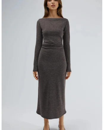 Rochie maxi,  guler barcuta, maneci lungi, maro moca inchis, jerseu