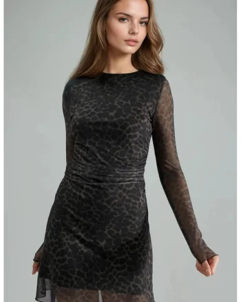 Rochie midi,  imprimeu leopard, guler barcuta, culoare maro, material tul