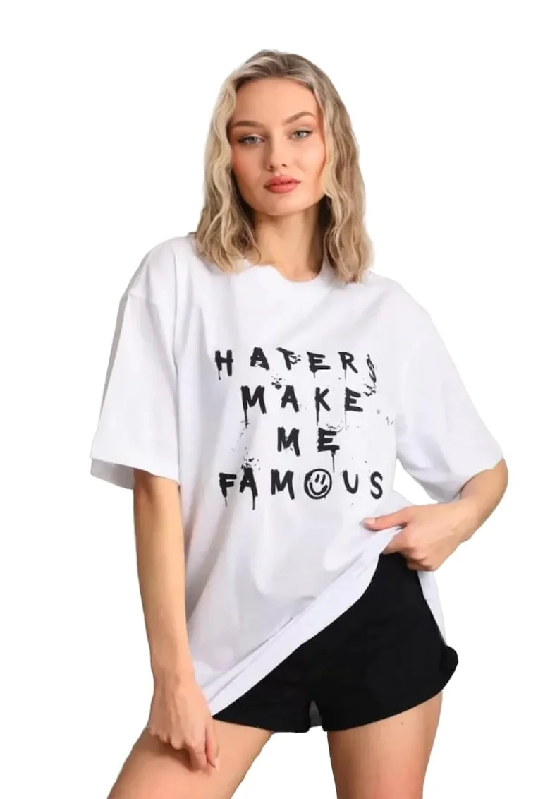 Tricou dama,  supradimensionat, bumbac/poliester/elastan, alb/negru